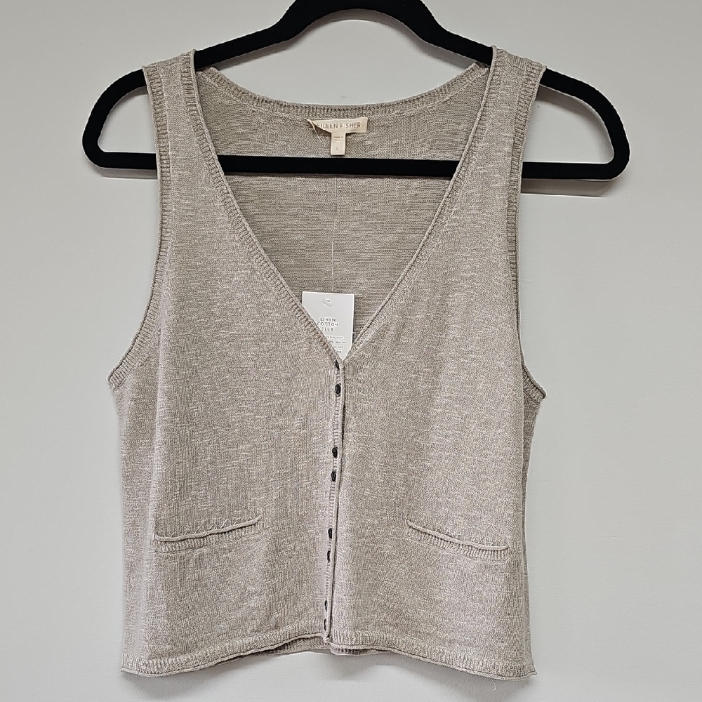 Eileen Fisher Y2K Cropped Linen Cotton Vest, Tan, Size Small, NEW